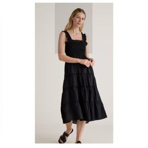 Quince Sz XS 100% European Linen Smocked Midi Tiered Dress Black Sleeveless